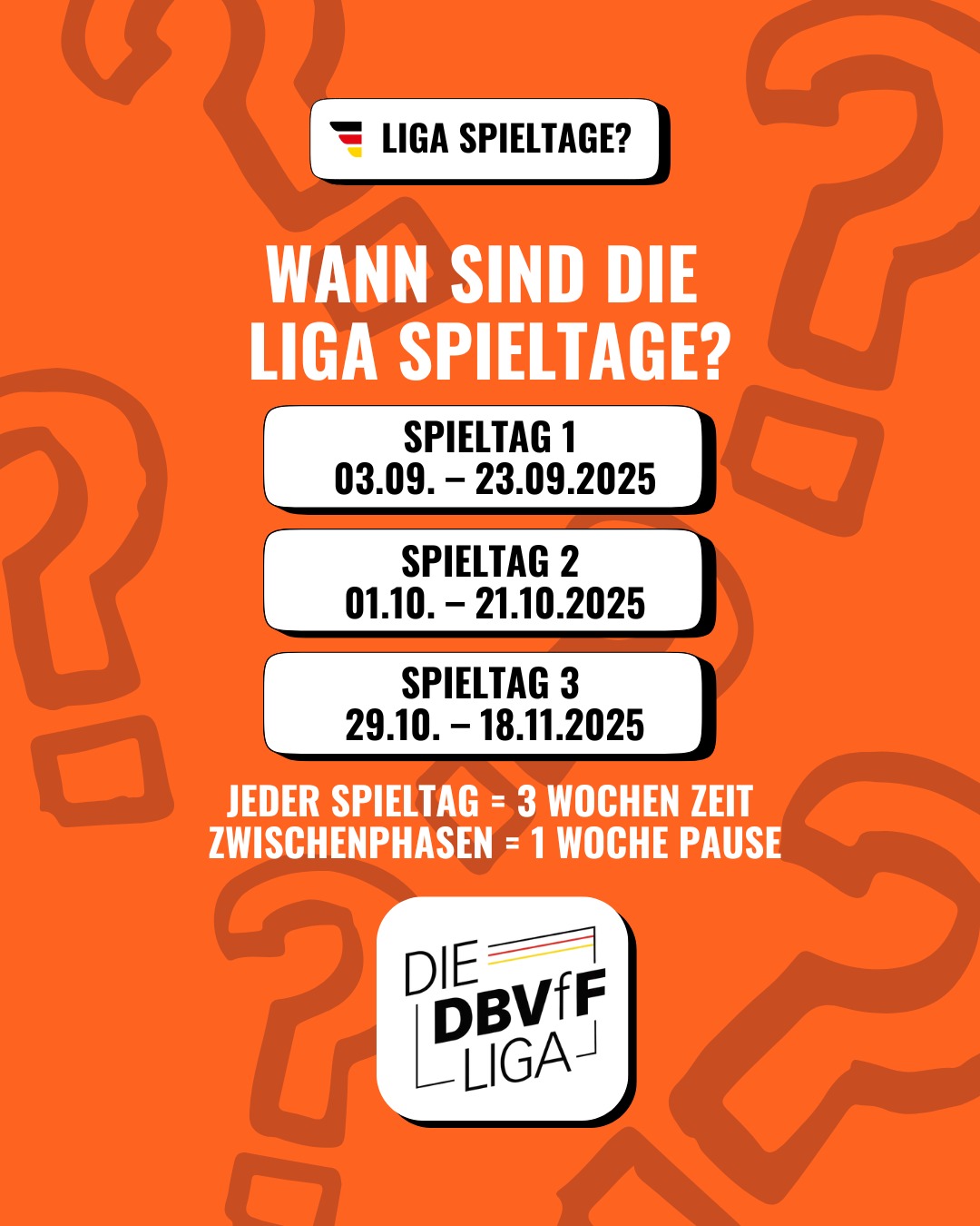 📆 Wann sind die Liga Spieltage? 📆
Spieltag 1: 03.09. – 23.09.2025
Spieltag 2: 01.10. – 21.10.2025
Spieltag 3: 29.10. – 18.11.2025
✅ Jeder Spieltag läuft über 3 Wochen (1 Spieltag = 3 Wochen)
🧘♂️ Zwischen den Spieltagen habt ihr 1 Woche Pause zum Atmen, Regenerieren, Refocusen.
Bist du bereit, Punkte fürs Leaderboard zu sammeln?
Die Top 8 jeder Liga ziehen ins große Liga Finale 2026 ein!
Save the dates & train smart!
