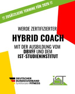 📣 Zusatztermin: Hybrid Coach Ausbildung 2026
Großer Andrang, viele Anfragen, klare Entscheidung: Ihr habt gefragt, wir liefern. 💥
Deshalb gibt es einen zusätzlichen Termin für die DBVfF Hybrid Coach Ausbildung.
📅 19.09.2026
💻 Online-Seminar: Grundlagen Anatomie + funktionale Fitness
📅 09.–11.10.2026
📍 Alma Sports Club Düsseldorf
🎓 Funktionale Fitness in der Praxis + Lizenzprüfung
📅 16.–18.10.2026
📍 Eo GYM München
Drei Tage Fokus auf Coaching, Praxis und echte Anwendung.
Für alle, die Functional Fitness nicht nur trainieren, sondern professionell vermitteln wollen.
👉 Alle Infos und Anmeldung: https://www.ist.de/dbvff-hybrid-coach
Sichert euch euren Spot, bevor auch dieser Termin voll ist.
#dbvff #hybridcoach #functionalfitness #coaching #ausbildung #fitnessdeutschland