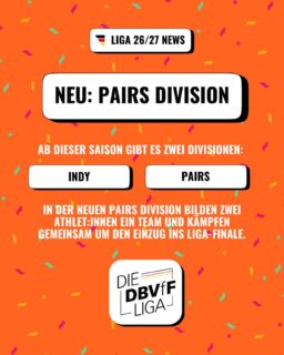 NEU in der DBVfF Liga 2026/27: Pairs Division! 🚀

Ab dieser Saison habt ihr die Wahl: Neben der klassischen Indy Division gibt es jetzt auch die neue Pairs Division! 

So funktioniert’s:

- Zwei Athlet:innen bilden ein Team
- Beide absolvieren die Individual-Tests der Liga-Spieltage
- Die Scores werden im Team-Leaderboard zusammengeführt und addiert
- Für den Liga-Einstufungstest absolviert ihr den Individual Skill Test sowie einen neuen Strength-Test mit Fokus auf Barbell Cycling

Alle Details zur neuen Pairs Division und zum Ablauf findet ihr im aktuellen Rulebook auf unserer Website.

Du hast den passenden Trainingsbuddy? Dann ist die Pairs Division genau das Richtige für euch!

#dbvff #dbvffliga #pairsdivision #funktionellefitness #fitnessdeutschland
