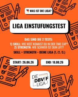 🚀 Der Liga-Einstufungstest läuft! 🚀

Seit dem 26.06. könnt ihr euch für die DBVfF Liga 2026/27 einstufen und euch euren Platz in der 1., 2. oder 3. Liga sichern.

Der Einstufungstest besteht aus zwei Teilen:
- Skill Test: Wie weit kommst du innerhalb der Time Cap?
- Strength Test: Wie schwer bzw. wie viele Wiederholungen schaffst du?

🆕 Neu in dieser Saison:
Neben dem Individual-Einstufungstest gibt es jetzt auch einen Pairs-Einstufungstest. So könnt ihr euch gemeinsam mit eurem Trainingsbuddy für die neue Pairs Division qualifizieren.

📅 Testzeitraum: 26.06. bis 18.08.2026

📍 Alle Details zu den Tests und den Anforderungen findet ihr im aktuellen Rulebook auf unserer Website.

Du warst letzte Saison schon dabei? Dann steigst du automatisch wieder in deiner bisherigen Liga ein.

Du möchtest neu einsteigen oder dich verbessern? Dann mach den Einstufungstest und zeig, was in dir steckt! 💥

#dbvff #dbvffliga #liga2026 #einstufungstest #funktionellefitness
