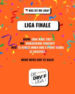 Das Liga 2026/27 Finale 🔥

Das große DBVfF Liga-Finale findet Ende März 2027 statt. Mit eigener Location, eigener Bühne und richtig viel Stimmung!

Wo: Kings Avenue CrossFit @kingsavenuecrossfit 
Wann: Ende März 2027
Wer:
- Die 12 besten Individual-Athlet:innen jeder Ligastufe
- Die 6 besten Pairs-Teams jeder Ligastufe

Freut euch auf einen Wettkampf mit großer Competition Area, separater Warm-up-Halle und einer eigenen Athlete Area. 🔥

Weitere Informationen zum Liga-Finale und zum Qualifikationsmodus folgen in den kommenden Monaten.

Alle Details zur Liga 2026/27 findet ihr im aktuellen Rulebook auf unserer Website.

#dbvff #dbvffliga #ligafinale #functionalfitness #fitnessdeutschland